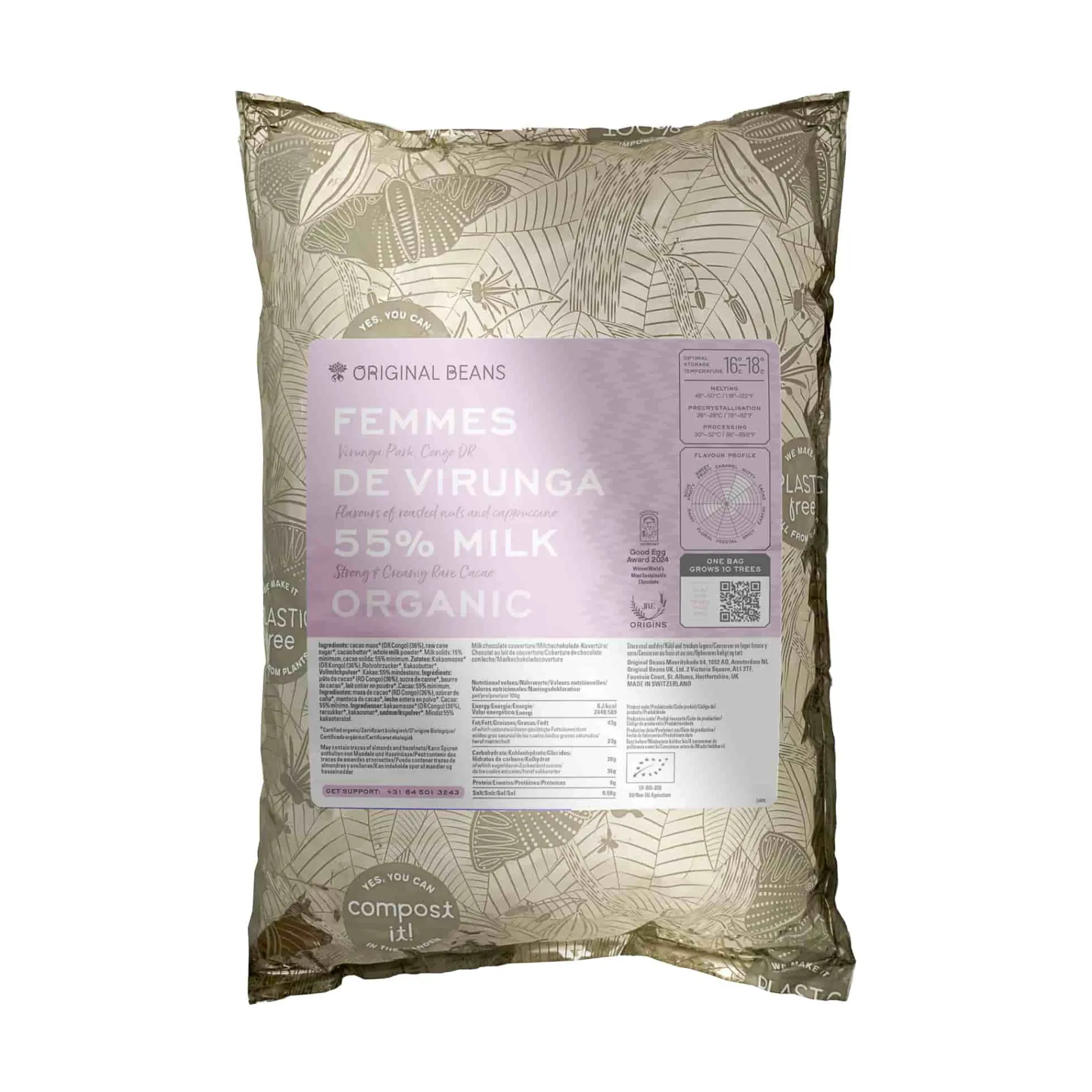 Original Beans 55% Femmes de Virunga Dark Milk Couverture Chocolate, 2kg
