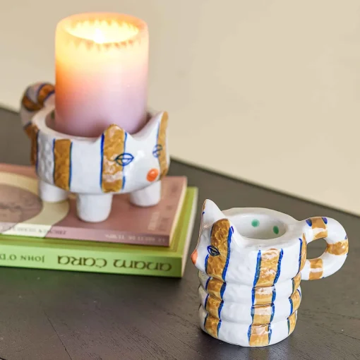 Set of 2 Yellow Striped Cat Candle Holders