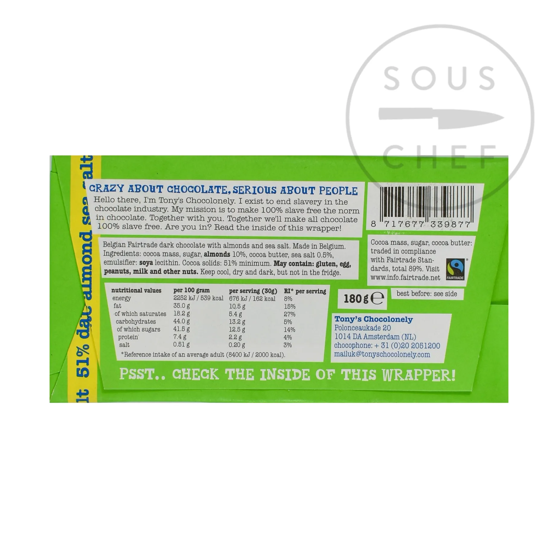 Tony's Chocolonely Dark Chocolate Almonds & Sea Salt, 180g